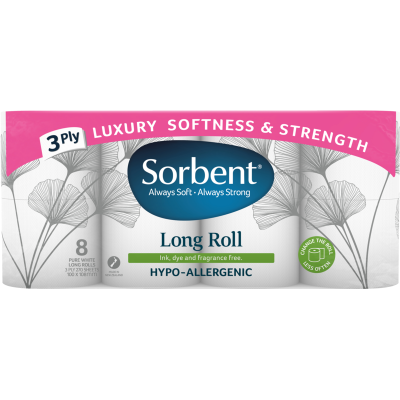 Sorbent Luxury Toilet Paper Hypo-Allergenic Long Roll 8pk