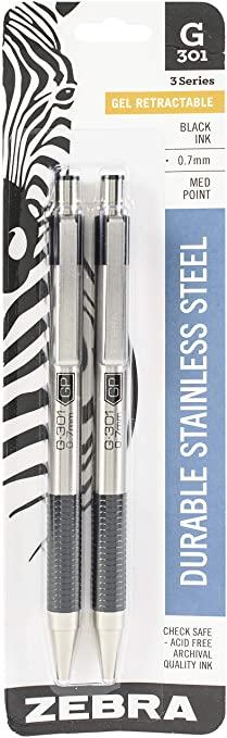 Zebra Durable Stainless Steel Gel Retractable Black Ink Pen 2 pk
