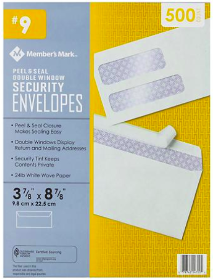 Member's Mark Peel & Seal Double Window Security Envelopes #9