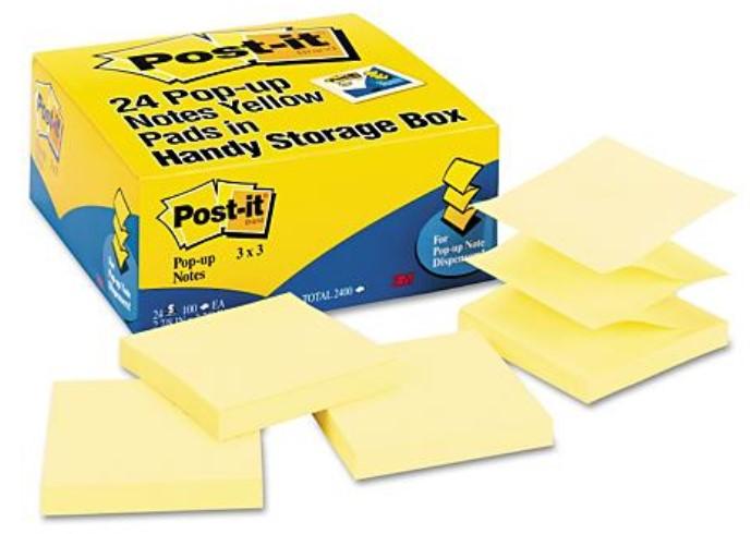 Post-It Pop-Up Notes, Original Canary Yellow Refills, 3 x 3 in, 100 per pad, 2400 total