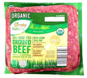 Organic Simply Nature 100% Grass Fed Ground Beef 85%/15% Lean Fat