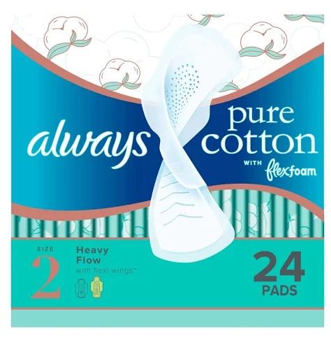 Always Pure Cotton With Wings Size 2 Heavy Unscented 24ct