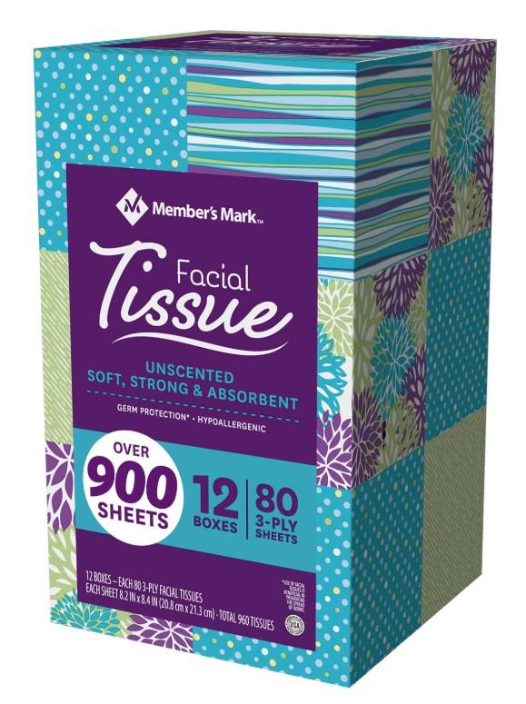 Member's Mark 3-ply Unscented Facial Tissue Square Box 80 tissues x 12