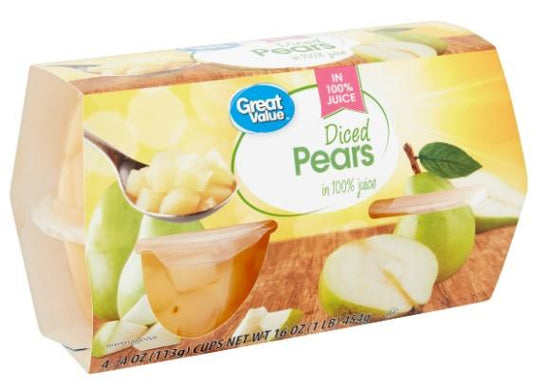 Great Value Diced Pears in 100% Juice 4oz cups x 4