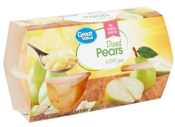 Great Value Diced Pears in 100% Juice 4oz cups x 4