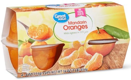 Great Value Mandarin Oranges in 100% Juice 4oz cups x 4