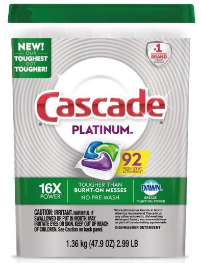 Cascade Platinum Dishwasher Pods, Actionpacs Dishwasher Detergent, Fresh Scent, 92 Count