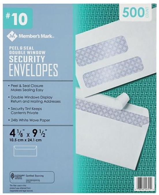 Member's Mark Peel & Seal Double Window Security Envelopes #10