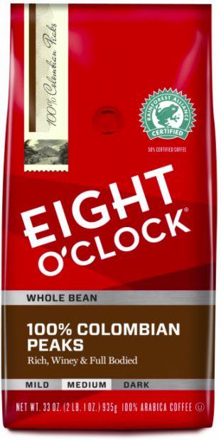 Eight O' Clock 100% Colombian Peaks Whole Bean Medium Coffee 33oz.