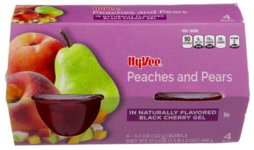 Hyvee Peaches and Pears Fruit Cups in Naturally Flavored Black Cherry Gel 4 - 4.3 oz ea