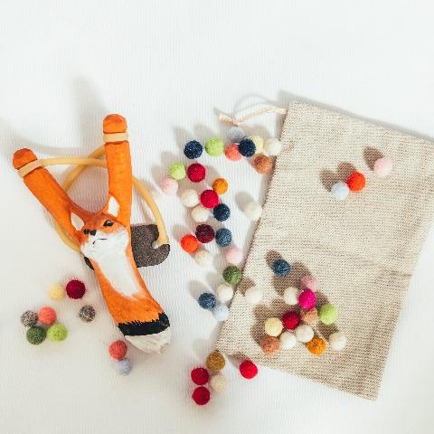 Toy Slingshot and Felt Balls