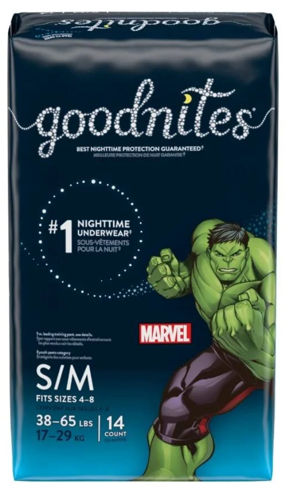 GoodNites Underwear Diapers Bedtime Size 4-8/S-M Marvel Incredible Hulk 14ct