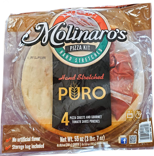 Molinaro's Hand Stretched Pizza Kit 4 Pizza Crusts and Gourmet Tomato Sauce Pouches 55oz