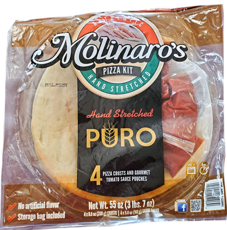 Molinaro's Hand Stretched Pizza Kit 4 Pizza Crusts and Gourmet Tomato Sauce Pouches 55oz