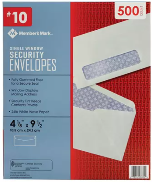 Member's Mark Security Envelopes #10 Single Window 500ct