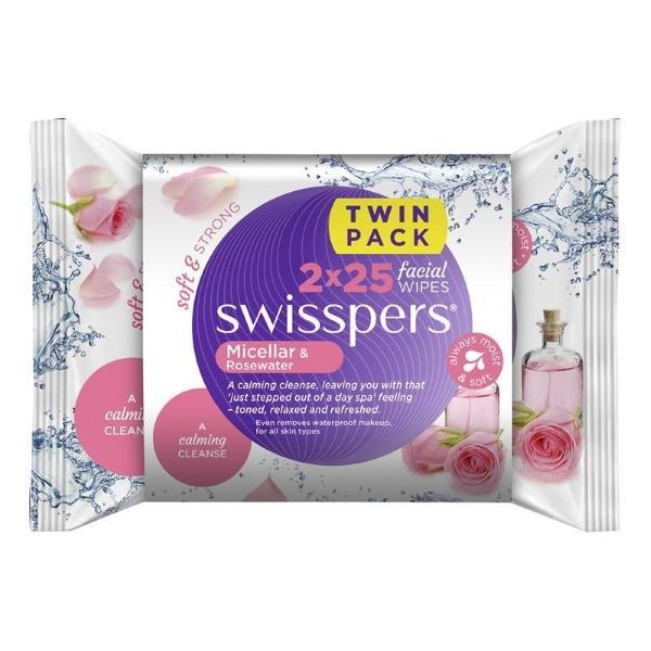 Swisspers Micellar Rosewater Wipes Twin Pack 2x25s