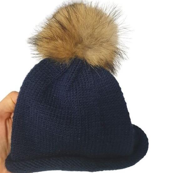 Hand Knitted Fur Pompom Merino Beanie ea