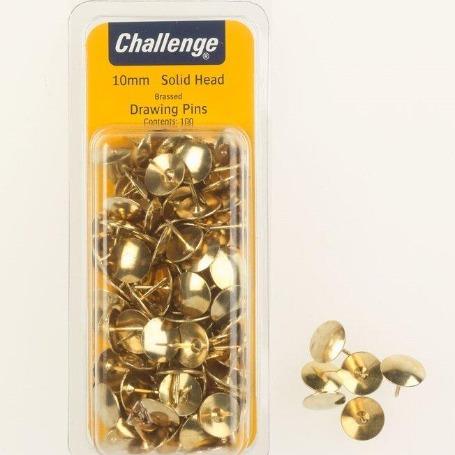 Challenge Brassed Solid Head 10mm Drawing Pins 100pk