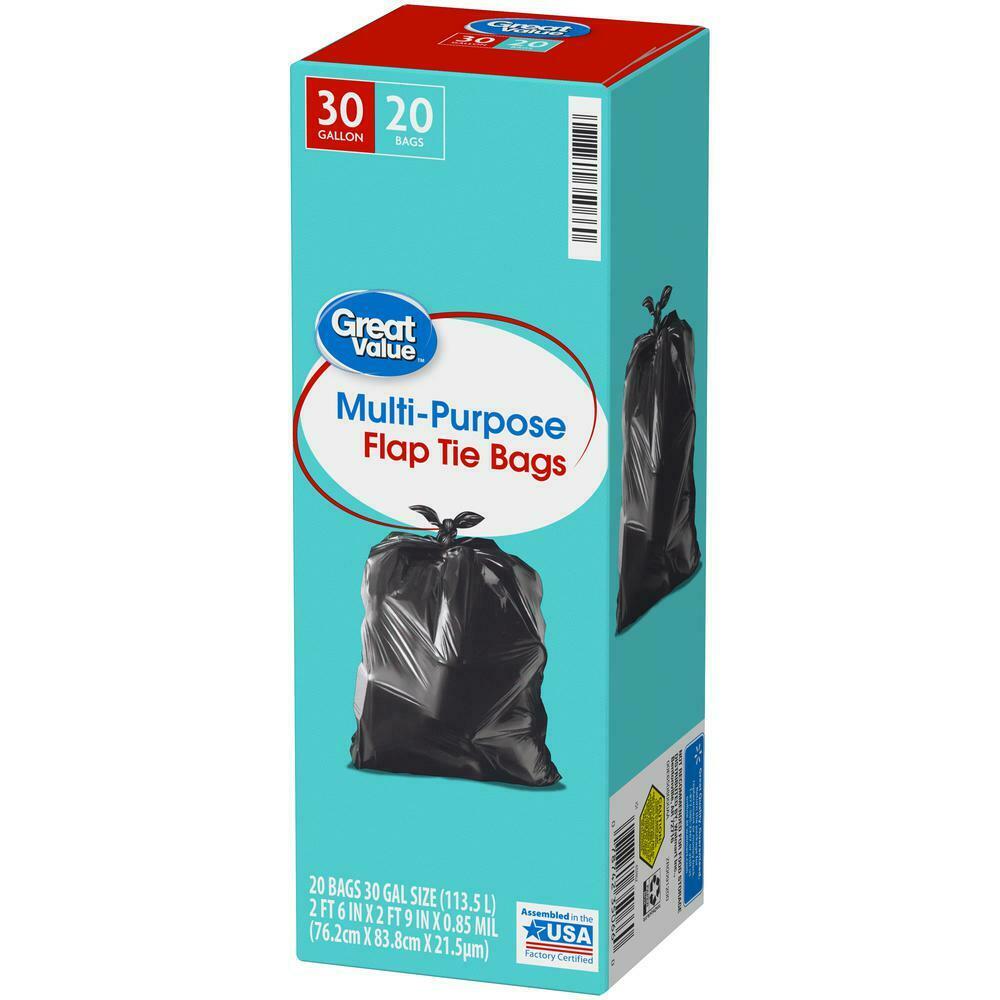 Great Value Multi-Purpose Flap Tie Trash Bags 30 Gallon Size 20ct