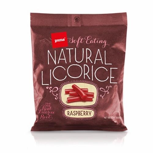 Pams Licorice Soft Eating Raspberry 300g