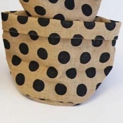 Large Round Hessian Basket w dots